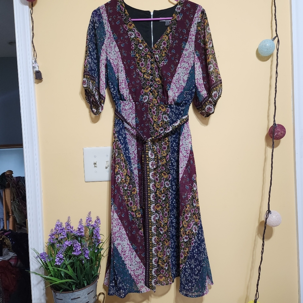 Danny & Nicole Purple Blue Long Sleeve V-Neck Sundress
